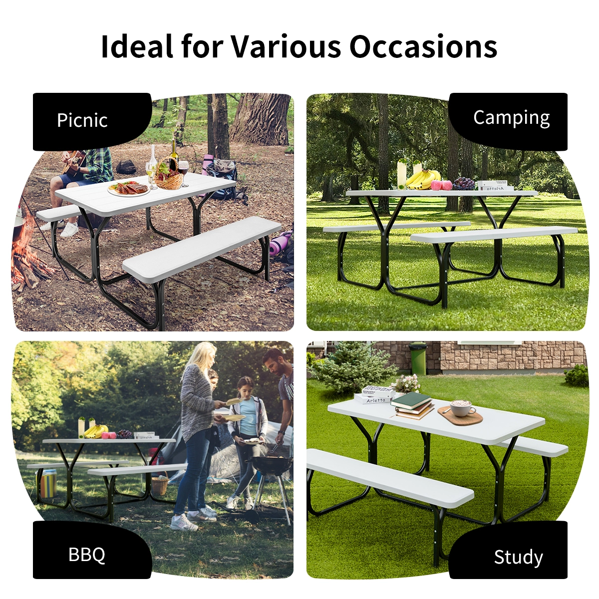 SUGIFT 54-In White Polyethylene Picnic Table with Attached Benches, 6 Seats