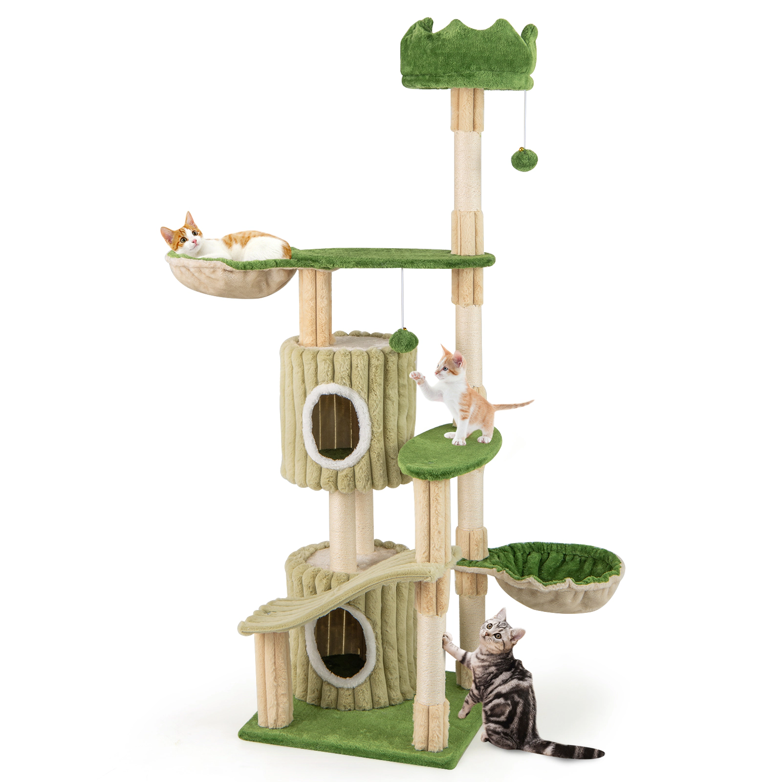 Glintex 63-Inch Striped Cat Tower with 2 Condos 2 Hammocks and Crown Perch, Green