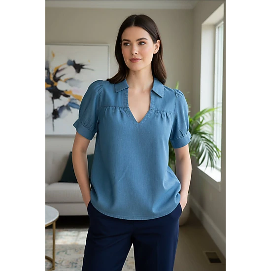 DressAtR Women's Blue Denim Puff Sleeve Deep V Neck Collared Blouse
