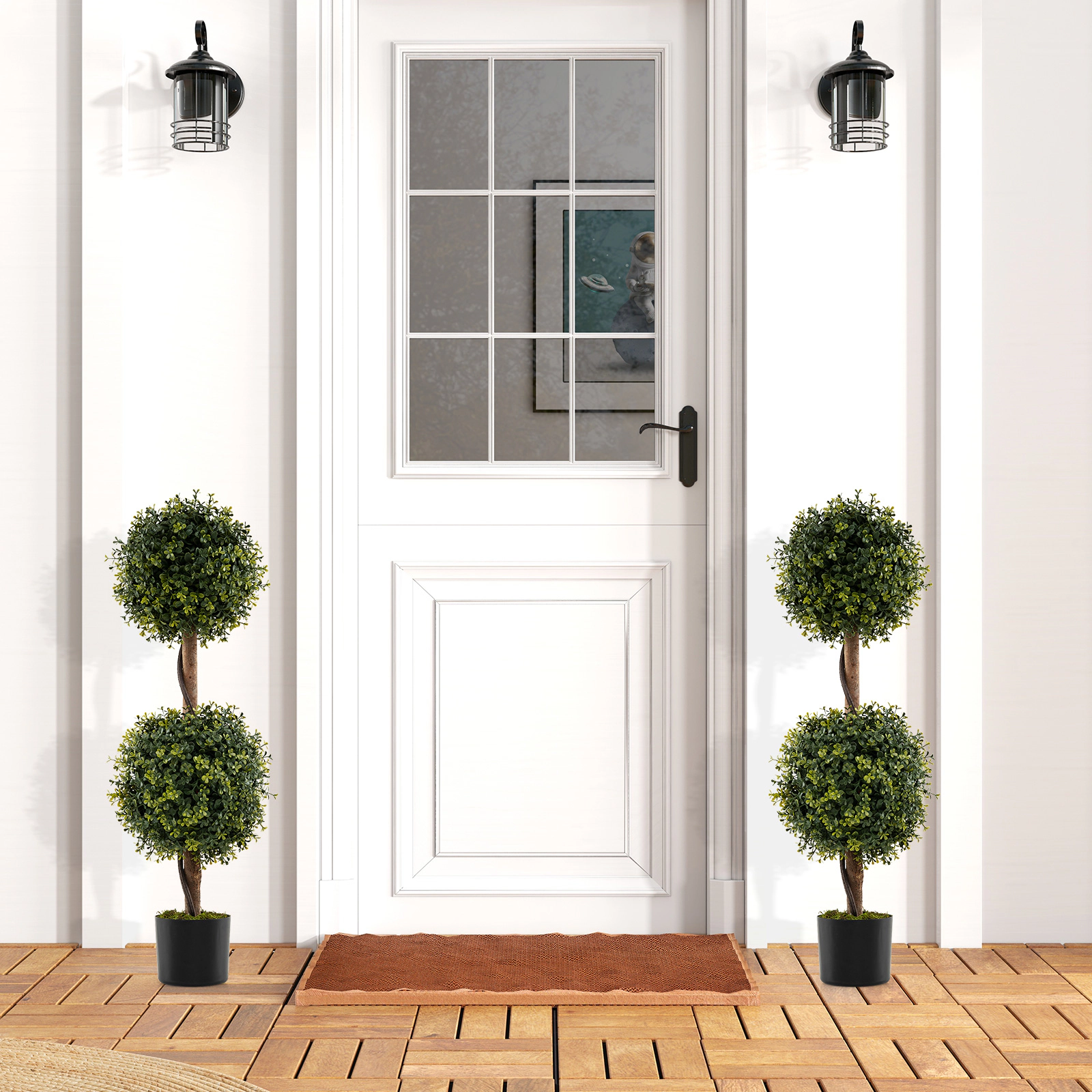 SUGIFT Set of 2 35.5-in Artificial Double Topiary Ball Trees with 10.5-in Balls and Birch Wood Trunks