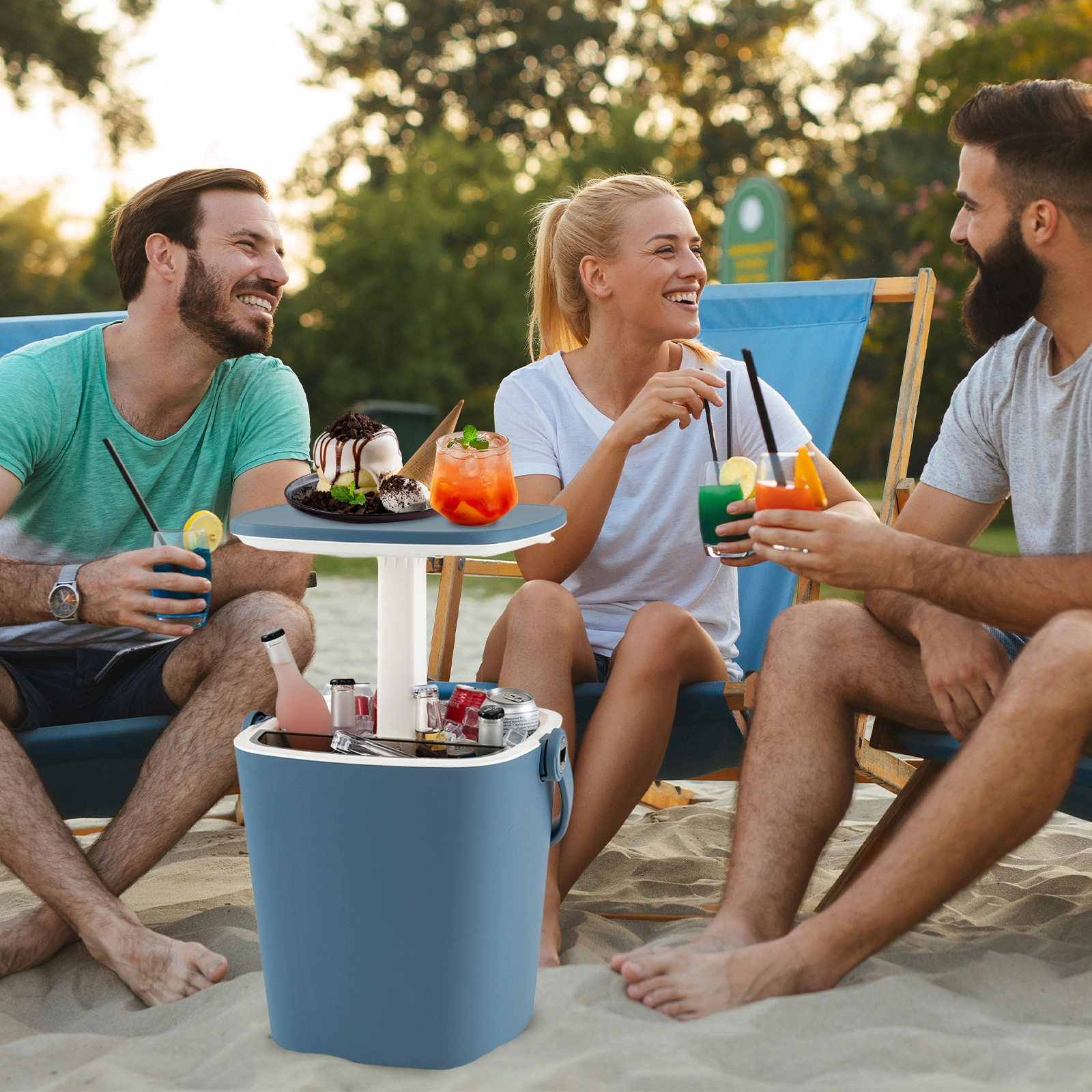 SUGIFT 3-in-1 Outdoor Cooler Side Table, Blue, 4-Gallon Capacity, Lift-Top Lid, Bottle Opener