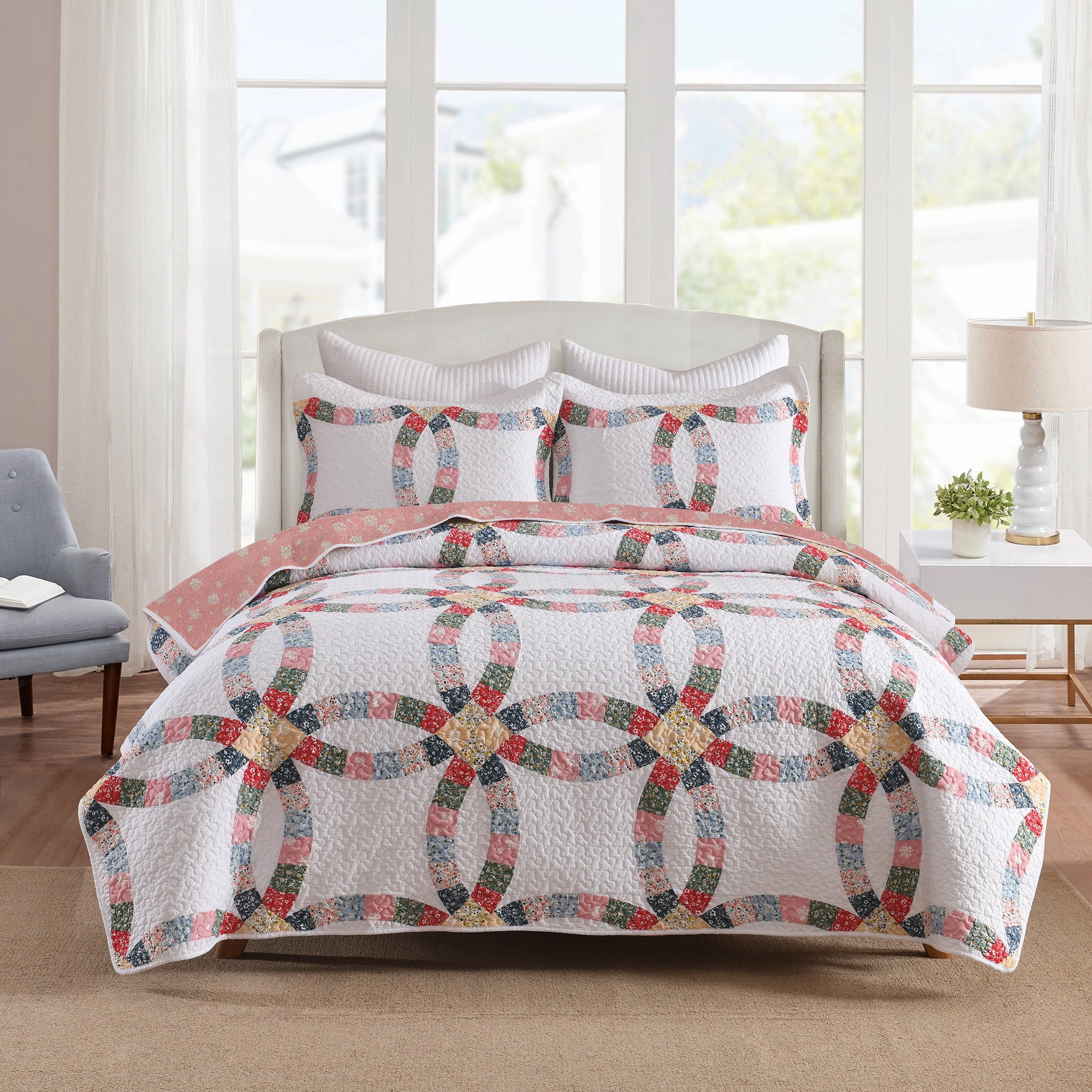 MarCielo 3 Pieces 100% Cotton Double-Ring Quilt Bedspread Set-Floral Reversible Bed Cover