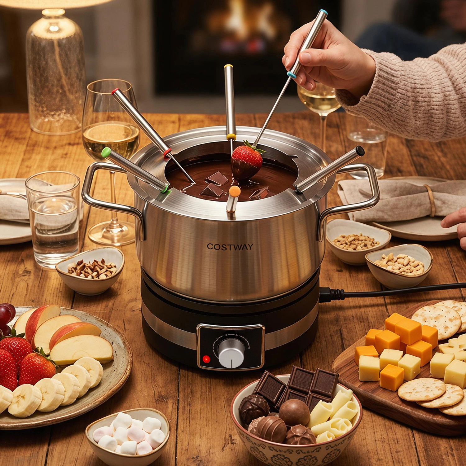 LJG 1200W Electric Fondue Pot Set with Removable Stainless Steel Pot and 6 Forks