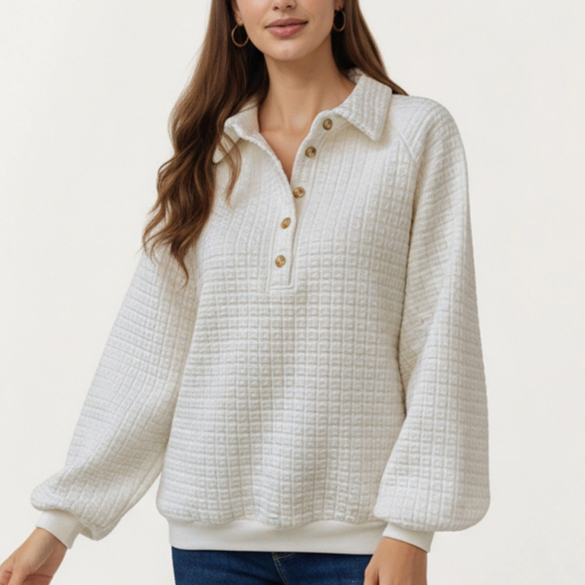 Anna-Kaci Women's Long Sleeve Button Front Textured Waffle Knit Pullover with Collar