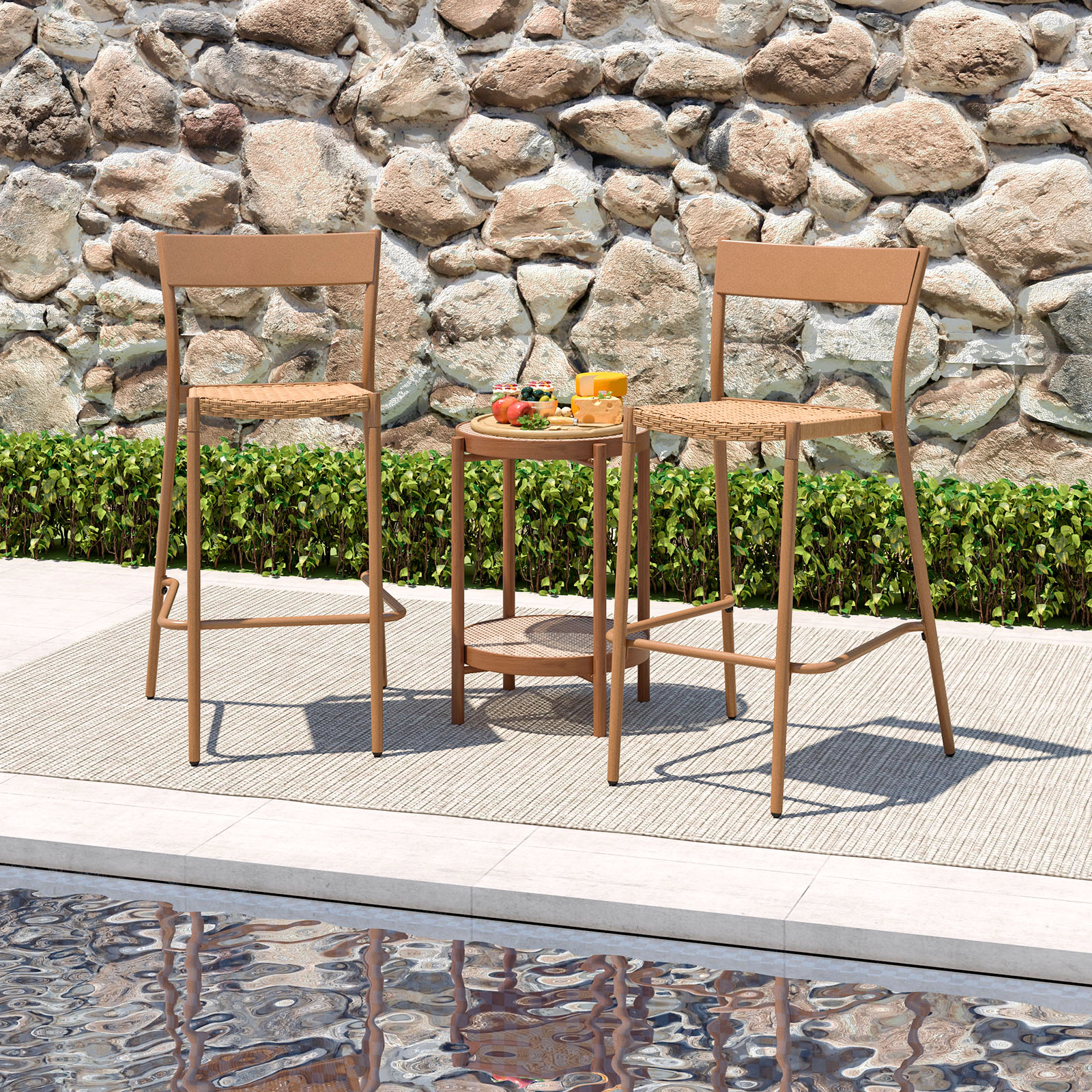 LJG Patio Barstools Set of 4 with Rattan Seat and Metal Backrest