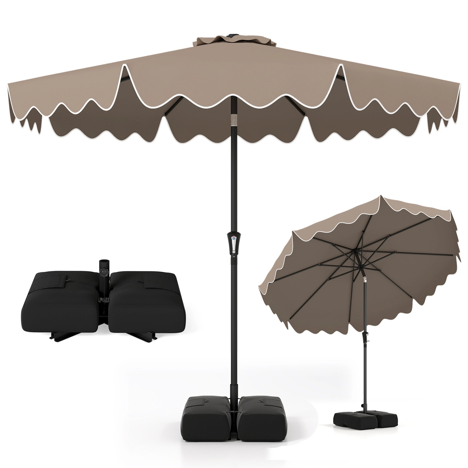 SUGIFT 9-ft Double-Tier Ruffled Patio Umbrella Weighted Base & Sandbags 9 x 8 in Polyester Canopy 17-lb Umbrella Brown