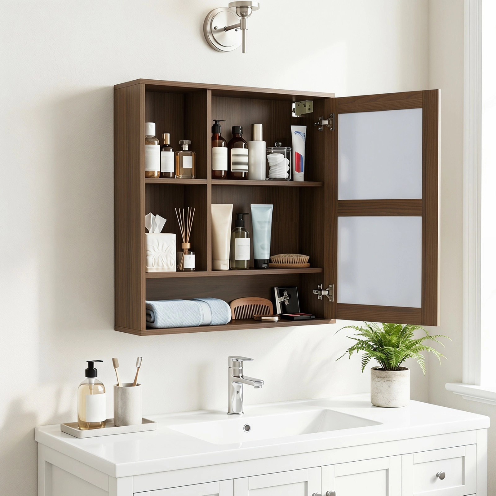 SUGIFT Walnut 22-lb Countertop Capacity Wall Mounted Mirror Cabinet with 2 Hidden Shelves and 3 Open Compartments