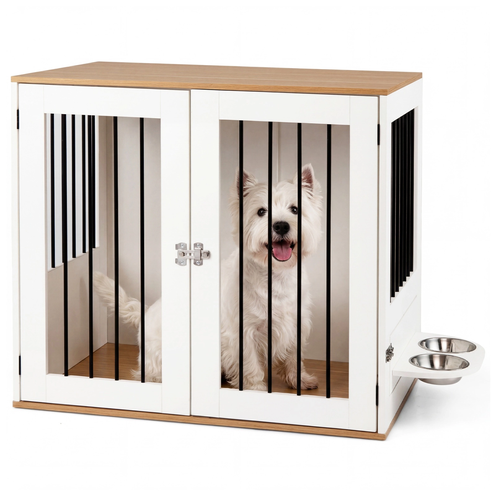 SUGIFT 31.5 in Dog Crate Furniture White Wooden Kennel with Double Lock Doors and Rotating Feeder