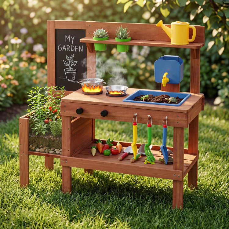 Hivvago Kids Mud Kitchen with Planter Box and Sink and 13 Accessories