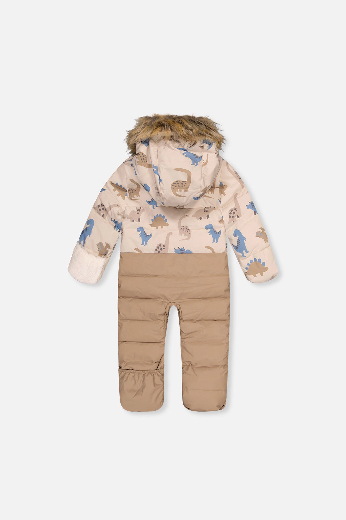 Deux par Boys Snug Dinosaur Print One Piece Snowsuit Adapted for Car Seats with Faux Fur-Trimmed Hood