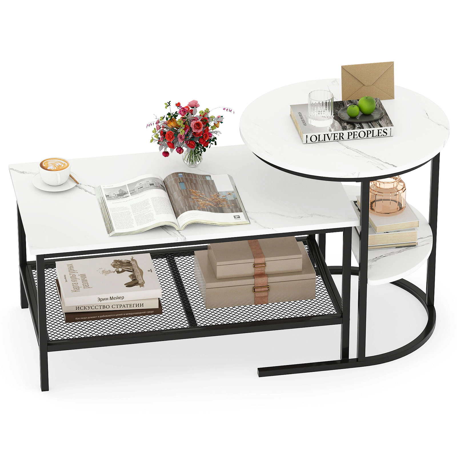 SUGIFT 2-Piece Coffee and Side Table Set, White and Black, Mesh Shelves, 100 lb Tabletop Capacity