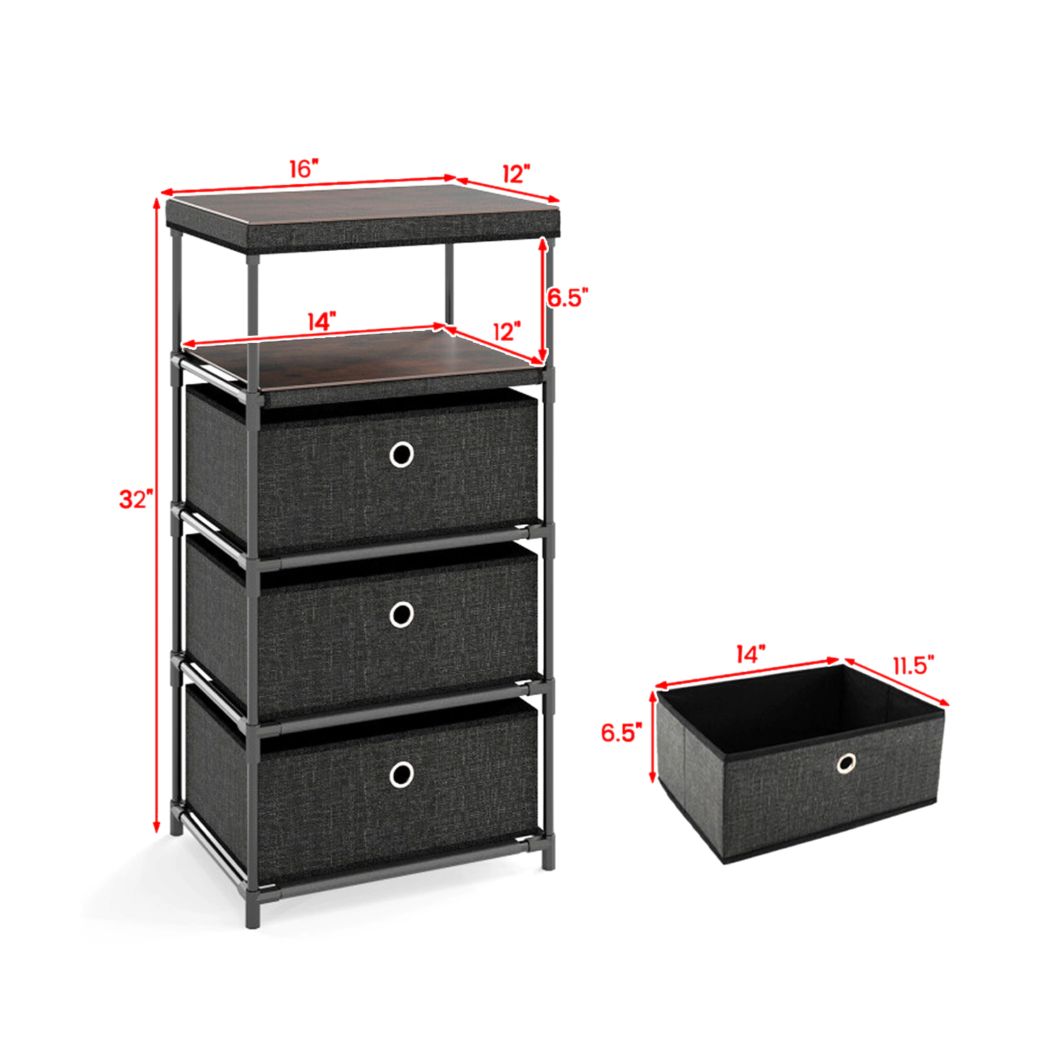 Hivvago Compact 3/4-Drawer Dresser Featuring Fabric Storage, Wood Top, and Metal Frame