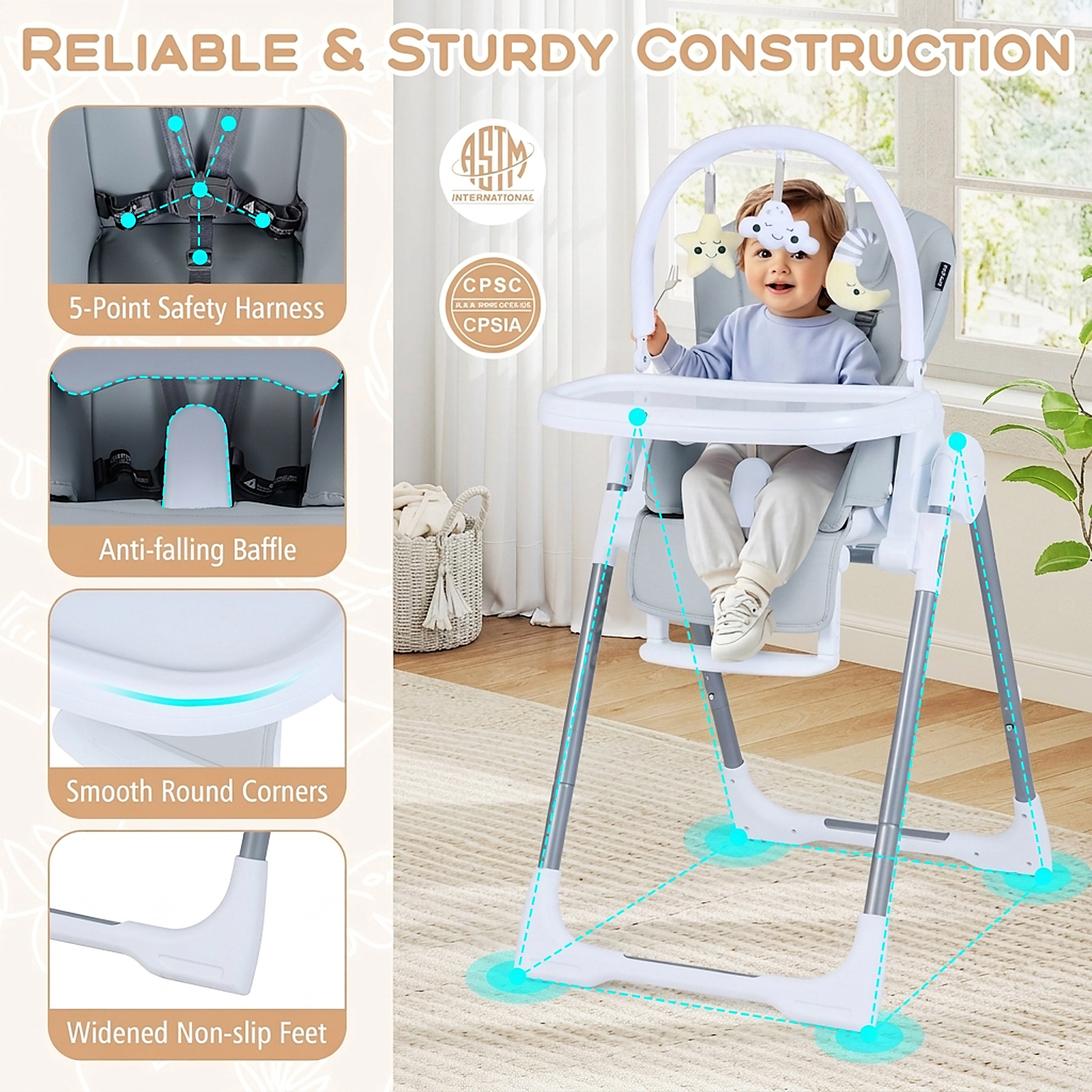 Adjustable Baby High Chair Independent Height Backrest and Footrest Settings PU Cushion Compact Fold Light Gray