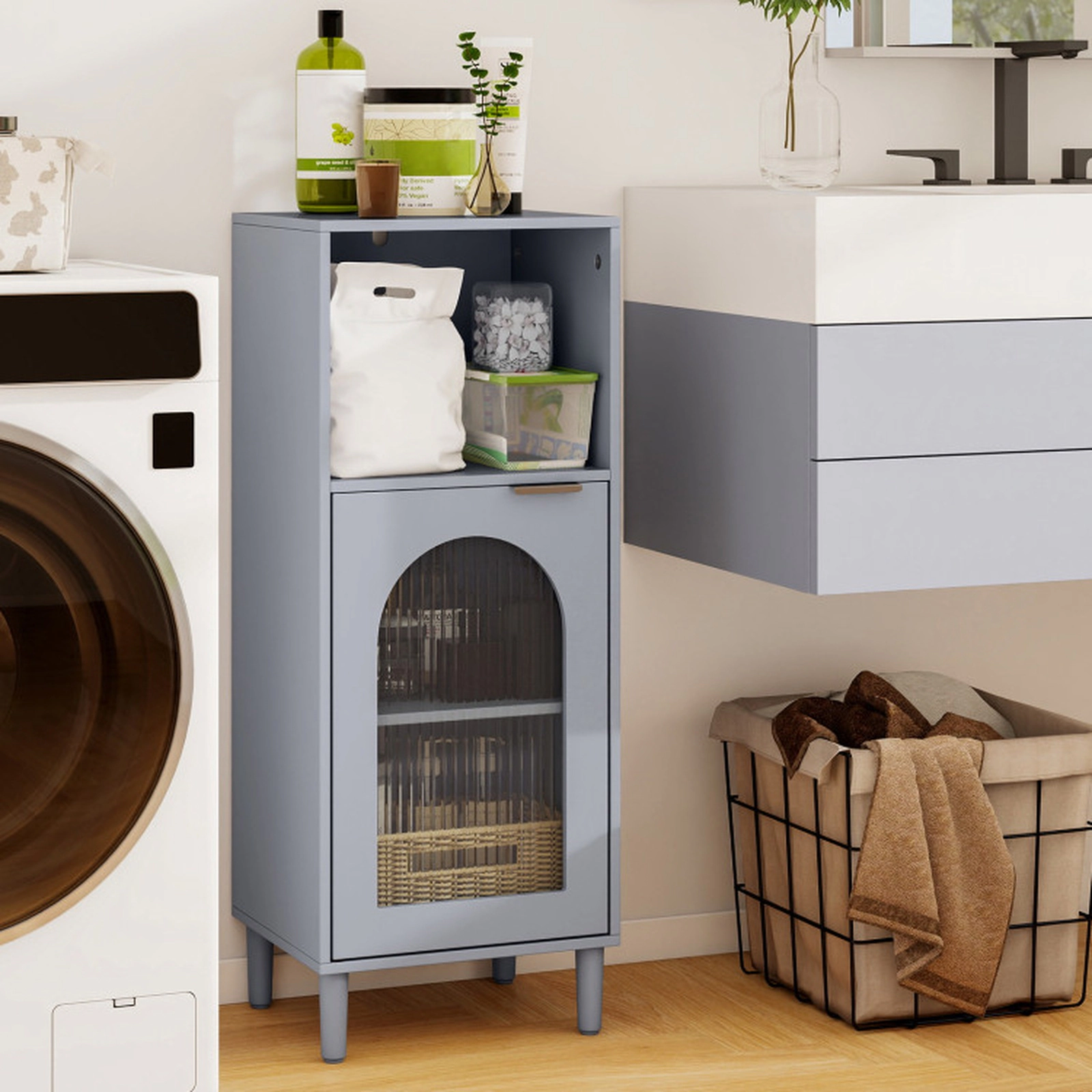 SUGIFT Tempered Glass Door Solid Wood Legs Side Bathroom Floor Storage Cabinet 14-in x 12-in x 35.5-in 110-lb Top Gray