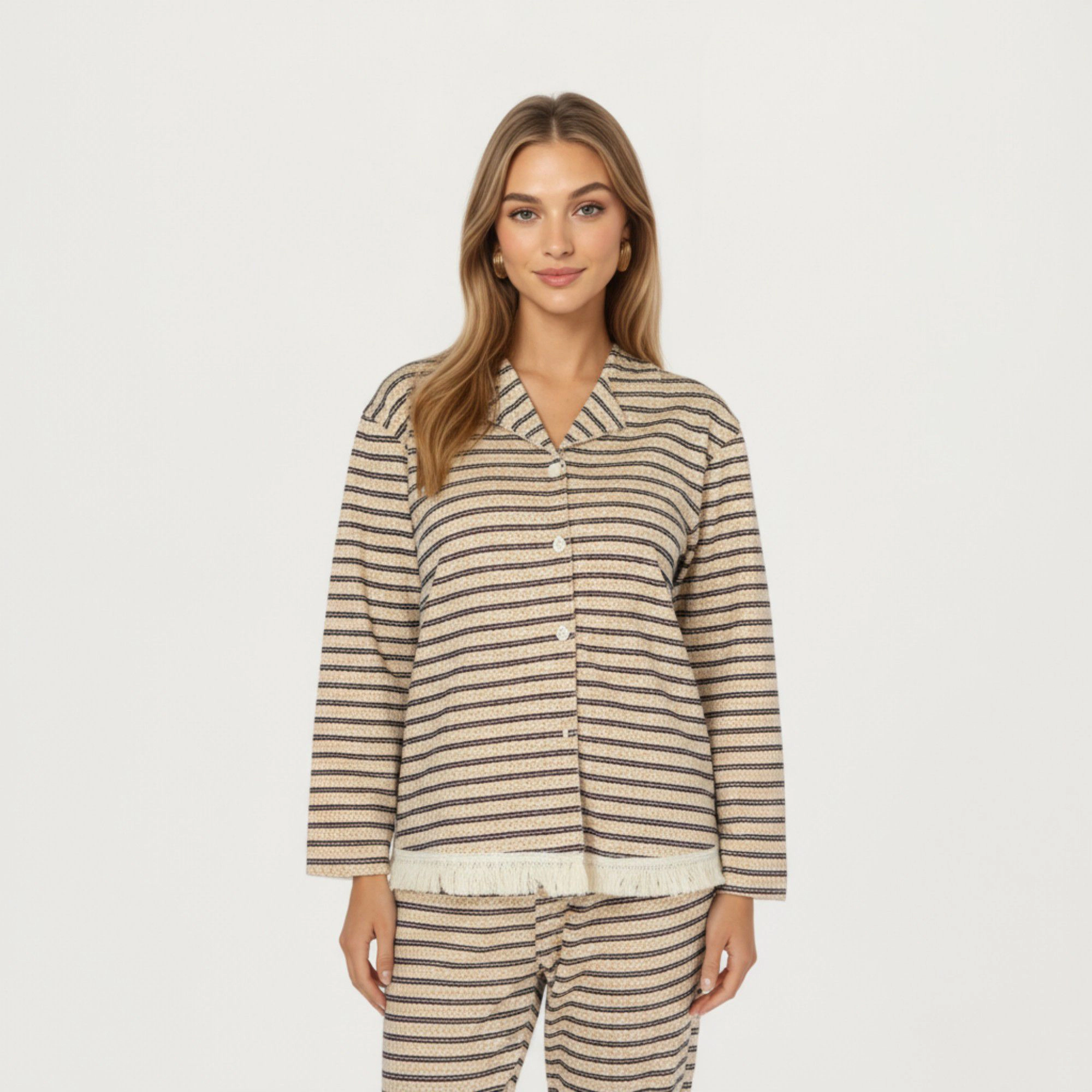 Anna-Kaci Women's 2-Piece Long Sleeve Button Front Top with Built-In Chest Pads and Relaxed Fit Pants Pajama Set