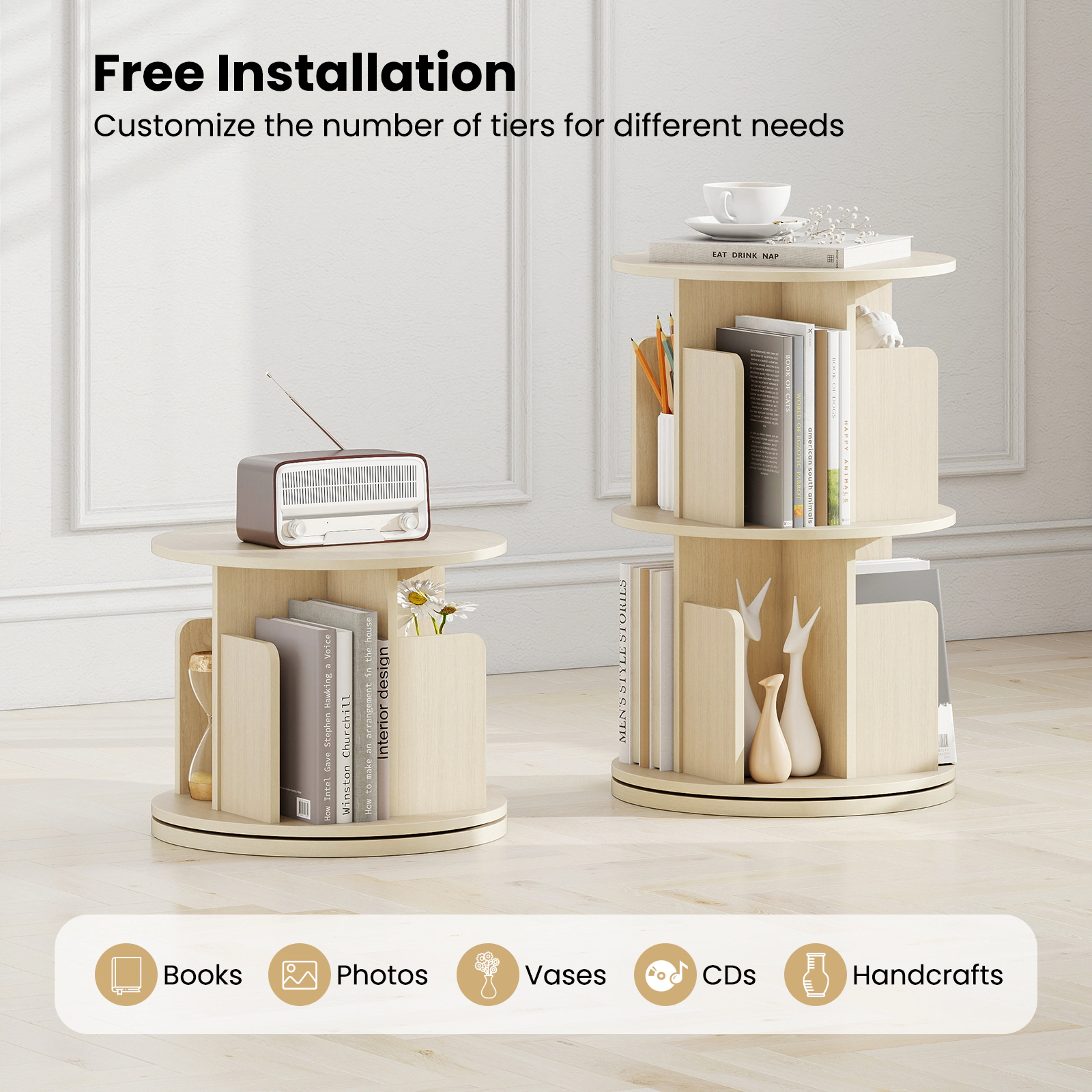 SUGIFT Natural 2-Tier Rotating Bookshelf with Dividers and Anti-Falling Baffles