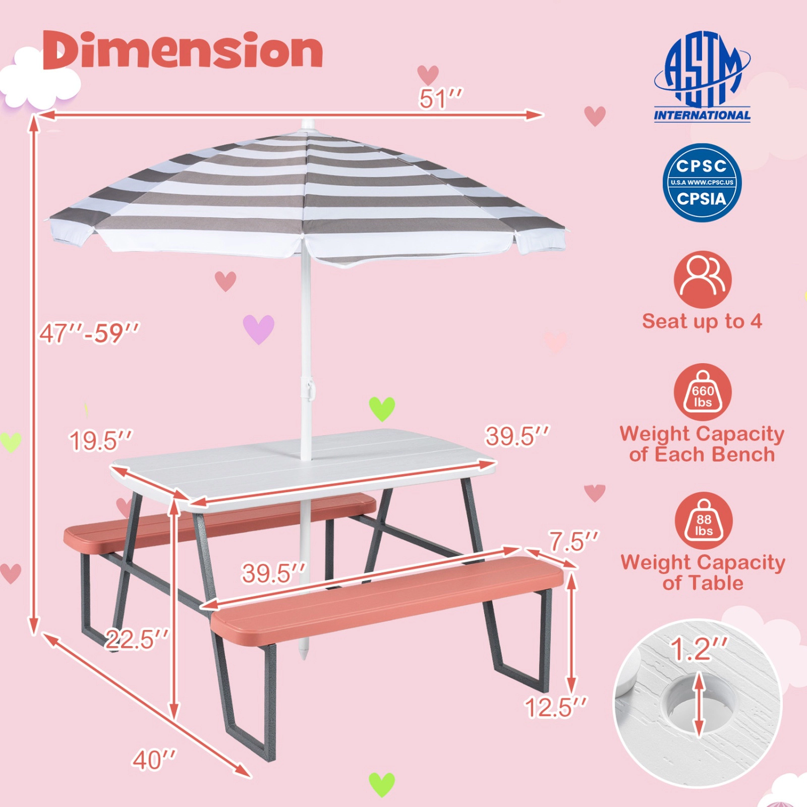 SUGIFT Kids Picnic Table with Benches Pink Seats 4 with Removable Umbrella