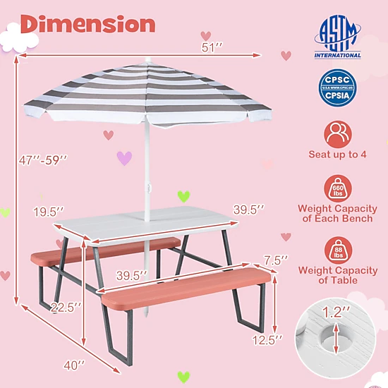 SUGIFT Kids Picnic Table with Benches Pink Seats 4 with Removable Umbrella