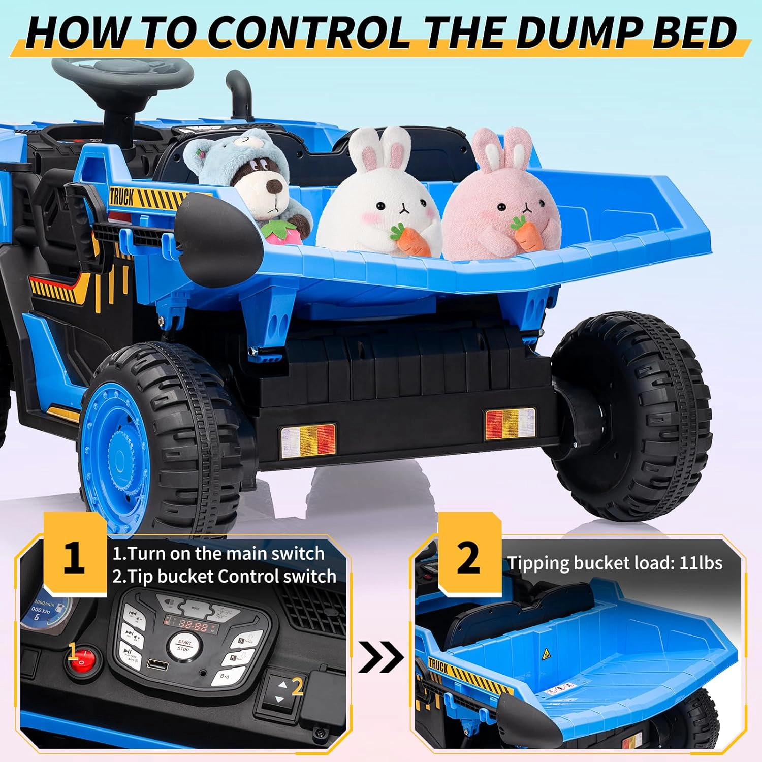 24V 2-Seater Kids Ride On Dump Truck, Electric Construction Car w/ Remote, 2WD/4WD, Lift Bed, Shovel, Music & Lights