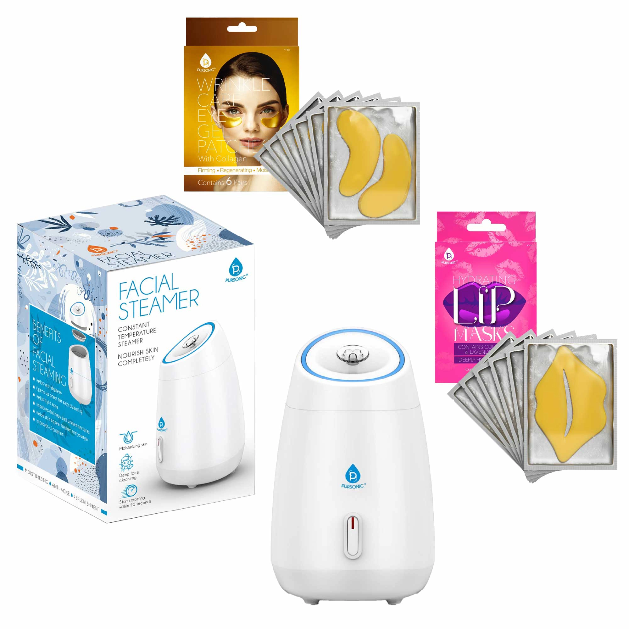 Pursonic Women's Deluxe Facial Steamer with Hydrating Eye & Lip Mask Spa Bundle