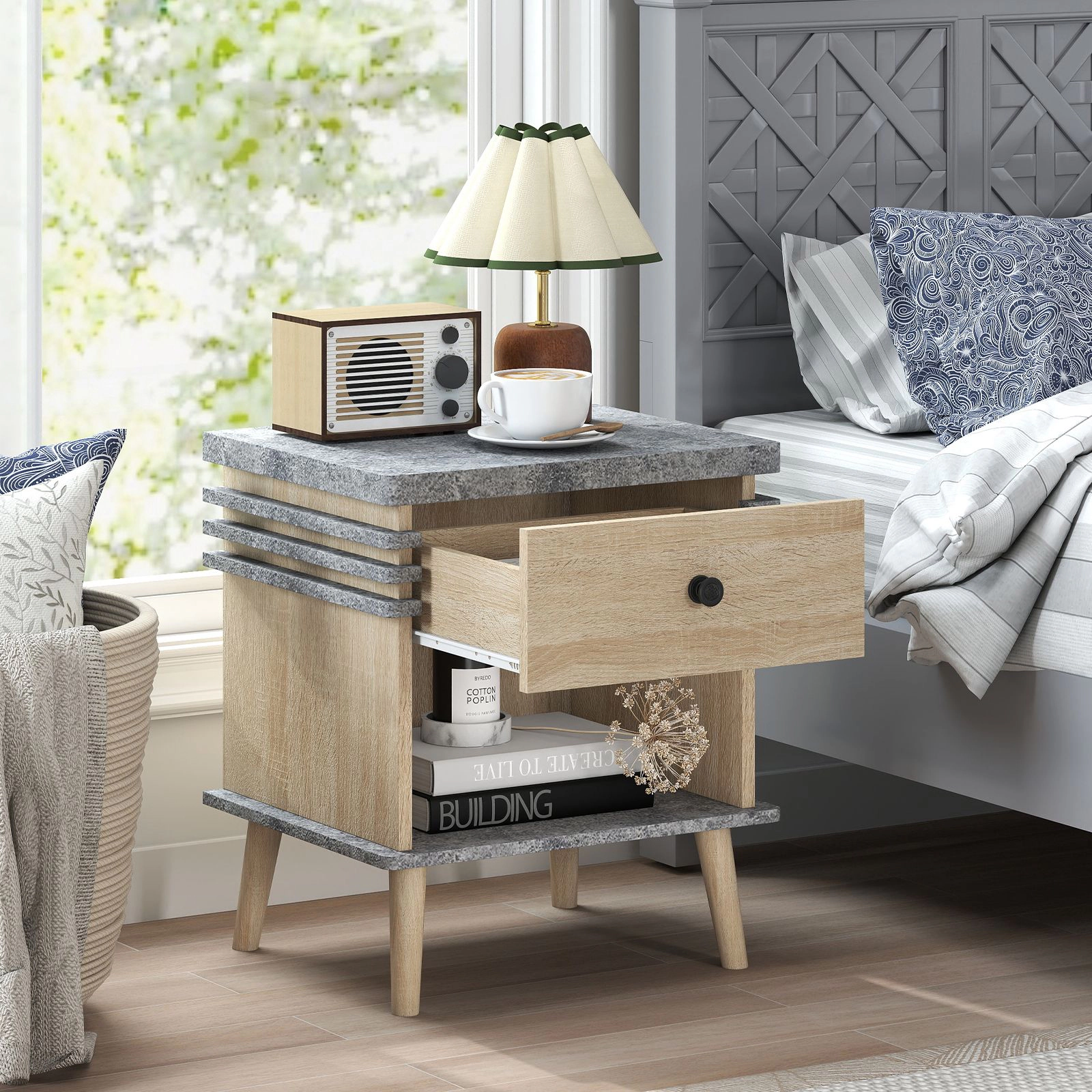SlickBlue Unisex Antique Grey Faux Marble 3-Tier Nightstand