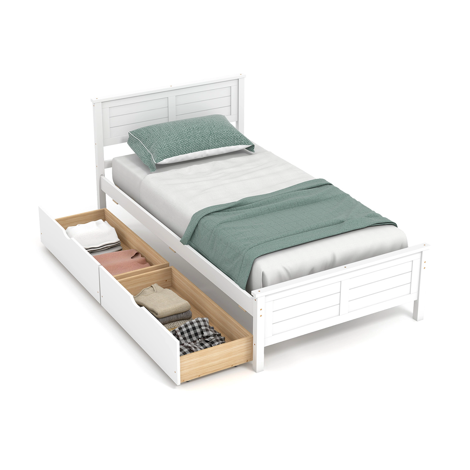 SUGIFT Twin Size Bed Frame with 2 Storage Drawers 350-lb Capacity 43-in Wide Wooden Slat Bed White