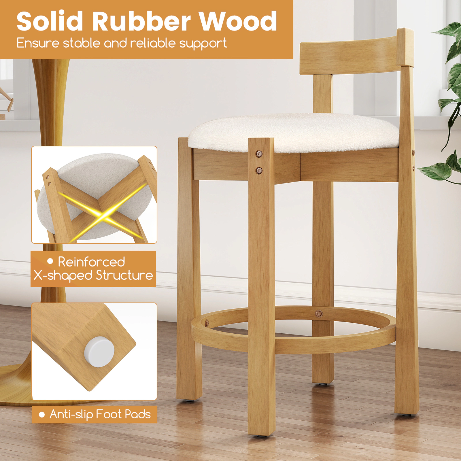 SUGIFT Teddy Velvet Round Seat and Rubber Wood Frame Natural 24 in Counter Stools