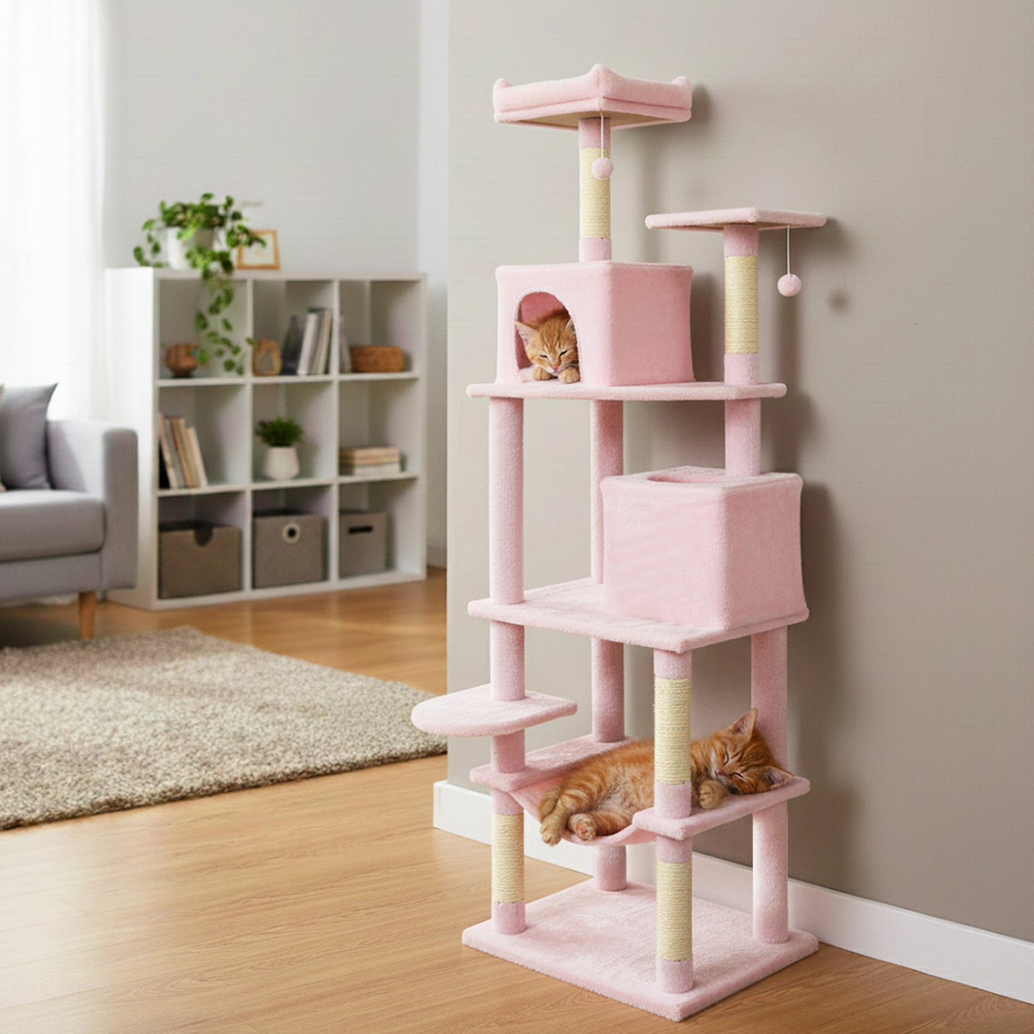SUGIFT 58-in Pink Multi-Level Cat Tree Tower with 2 Condos Basket Hammock and Upholstered Top Perch