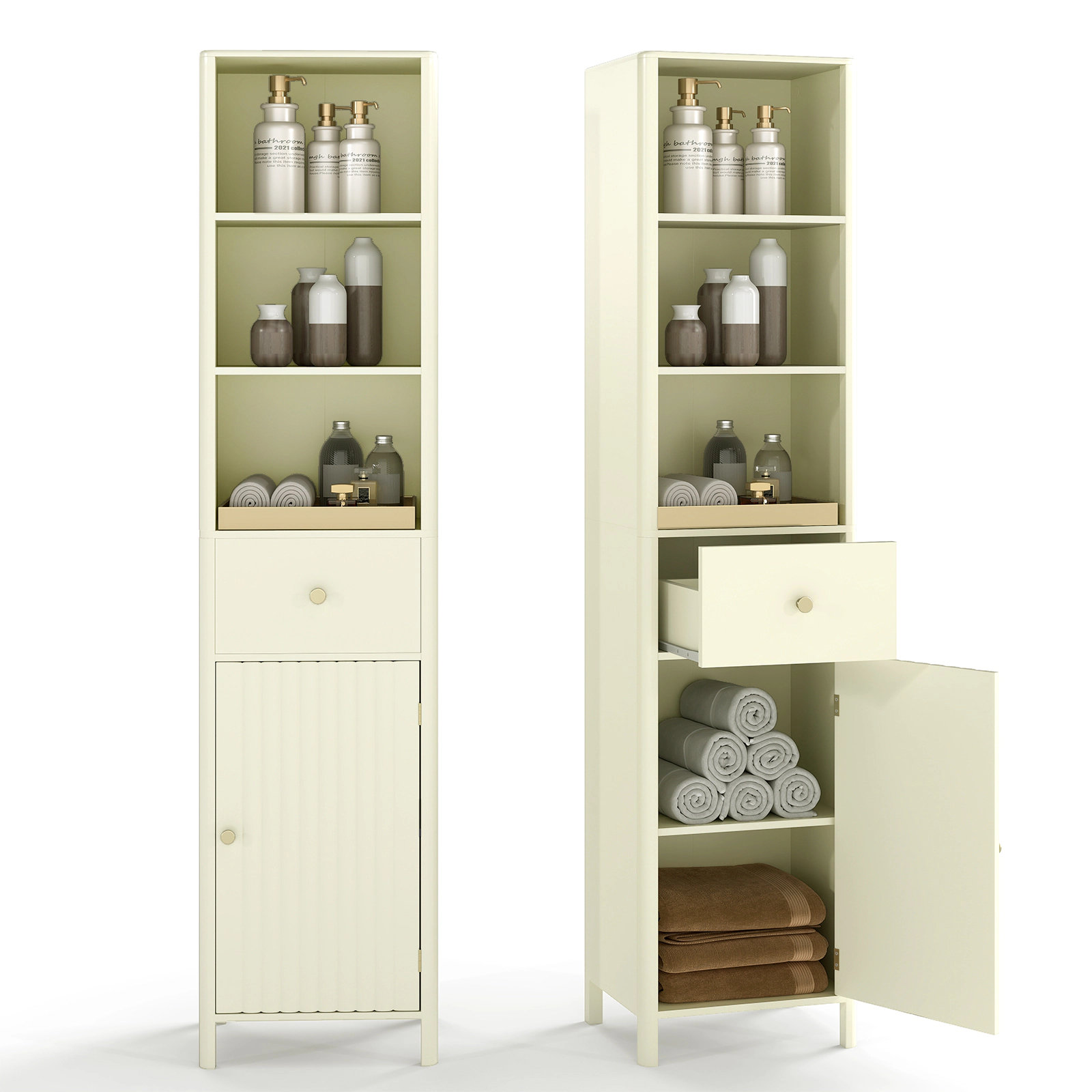 SUGIFT Tall Fluted Door 3 Open Shelves Drawer Narrow Bathroom Floor Cabinet 16-in x 12-in x 67-in 22-lb per Shelf Beige