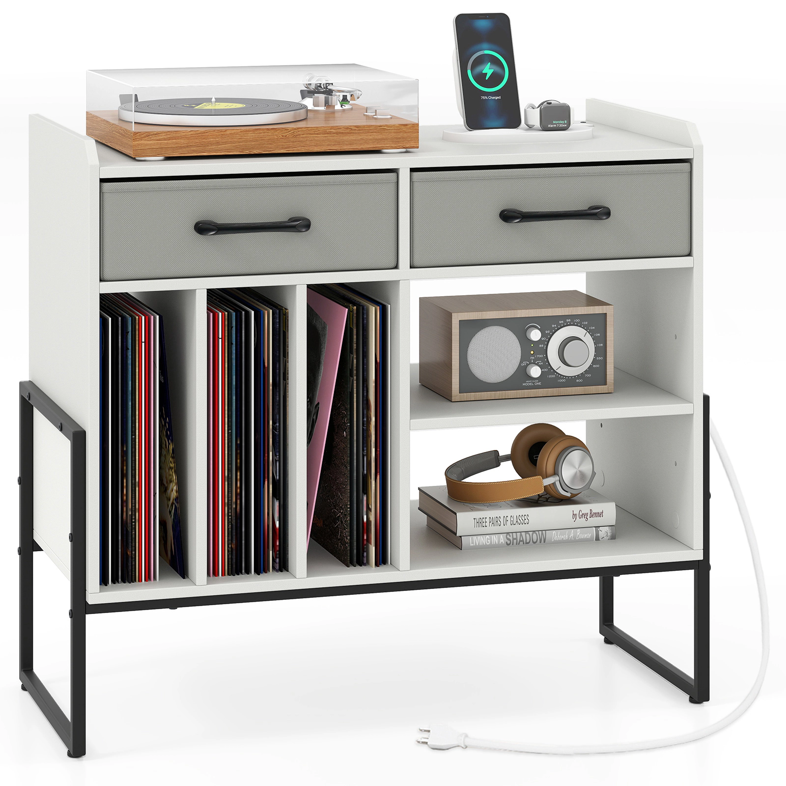 Glintex Large Record Player Stand with 2 Fabric Drawers and 209-Lb Capacity