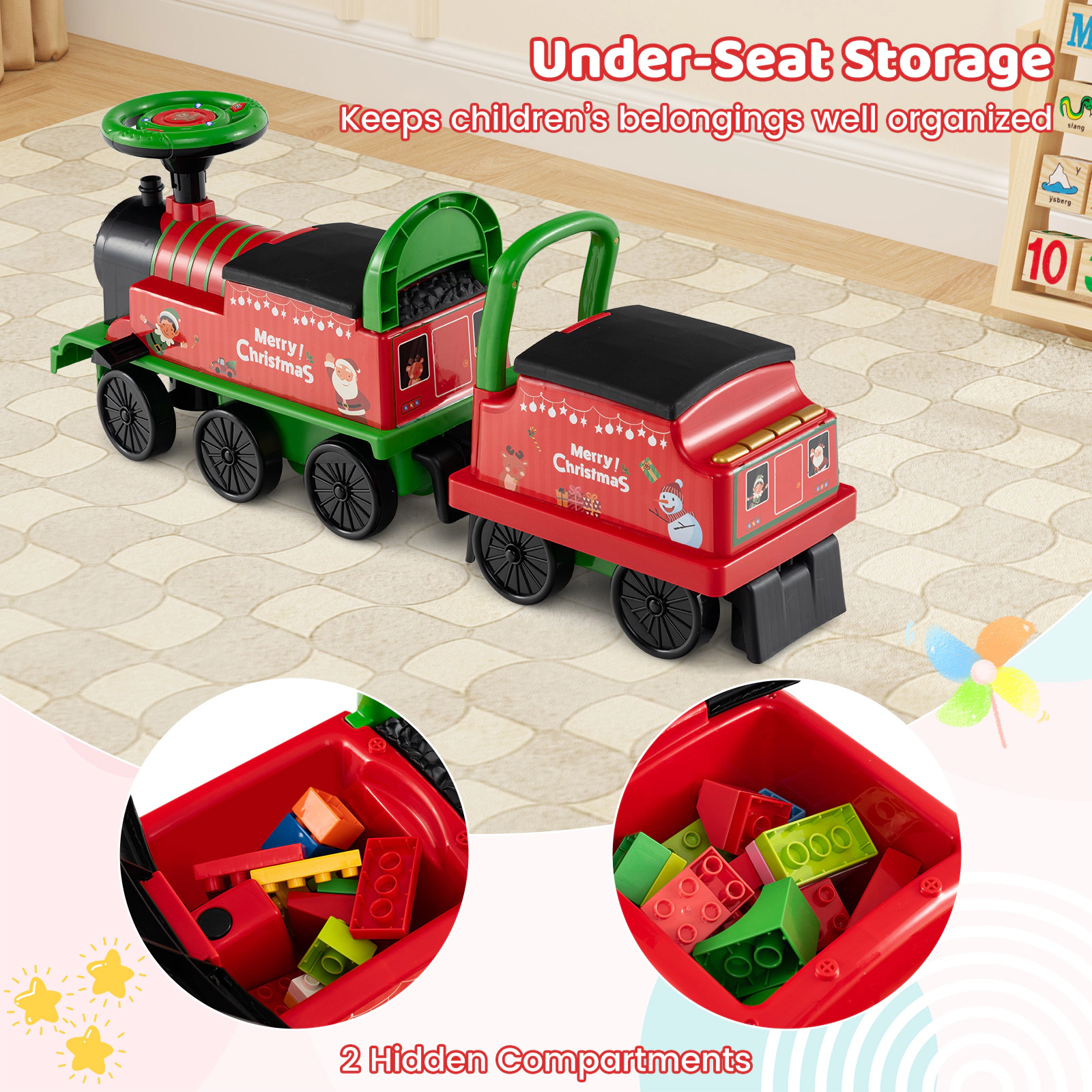 SUGIFT Green Carriage and Flashing LED Lights 6V 2-Seater Toddler Ride On Train