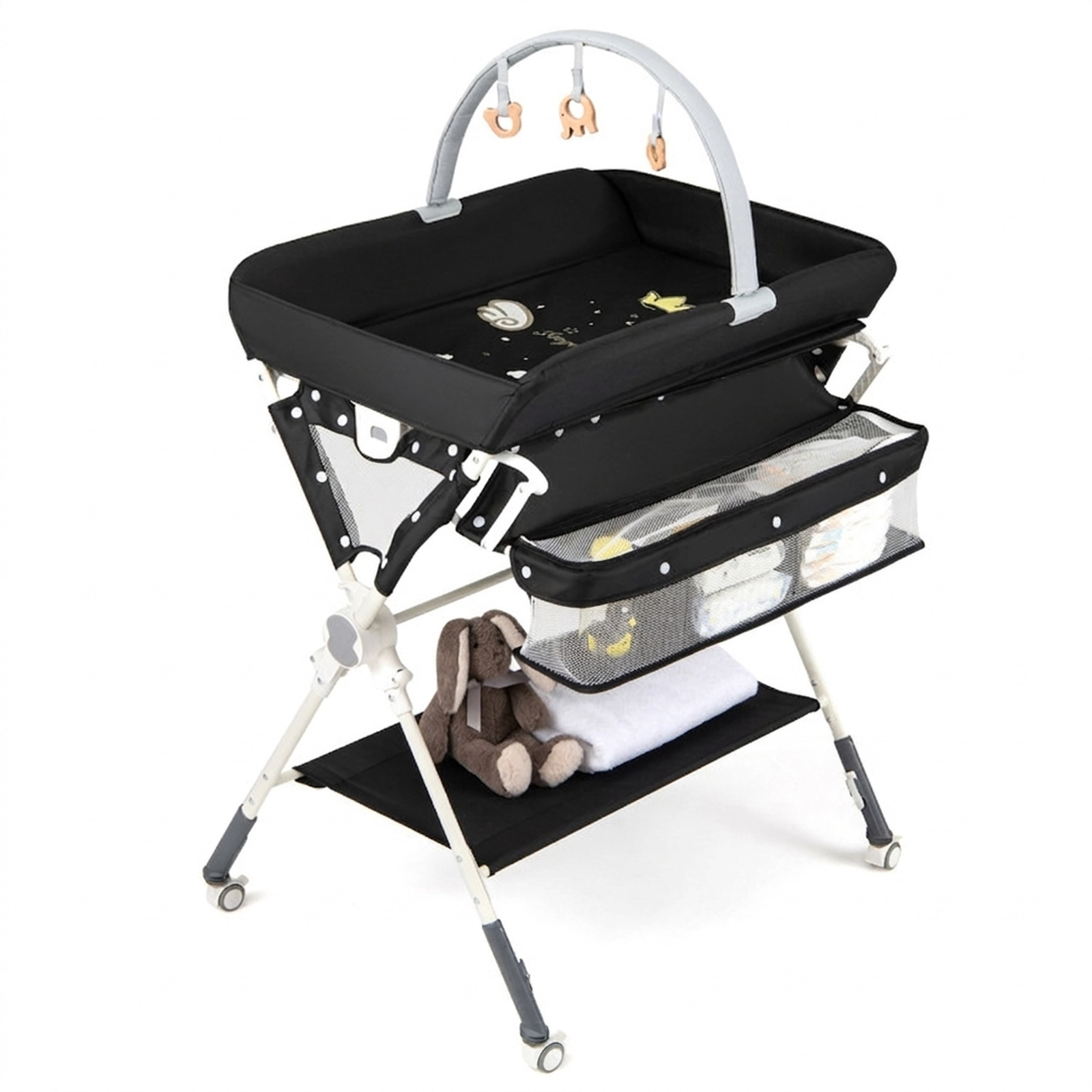 SUGIFT Foldable Baby Changing Table Black with Drying Rack Storage Bag and Shelf