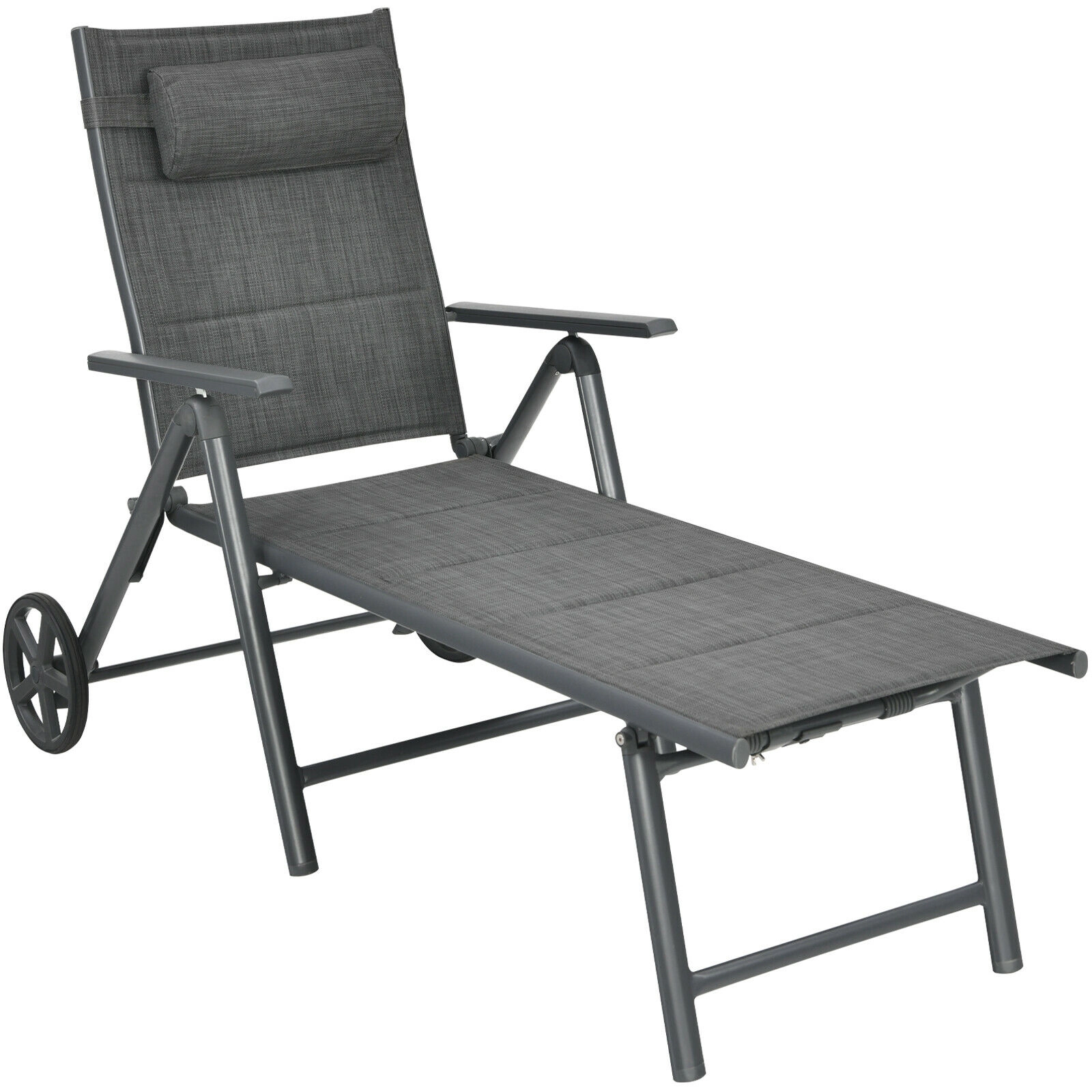 Hivvago Patio Reclining Chaise Lounge With Adjust Neck Pillow-Gray