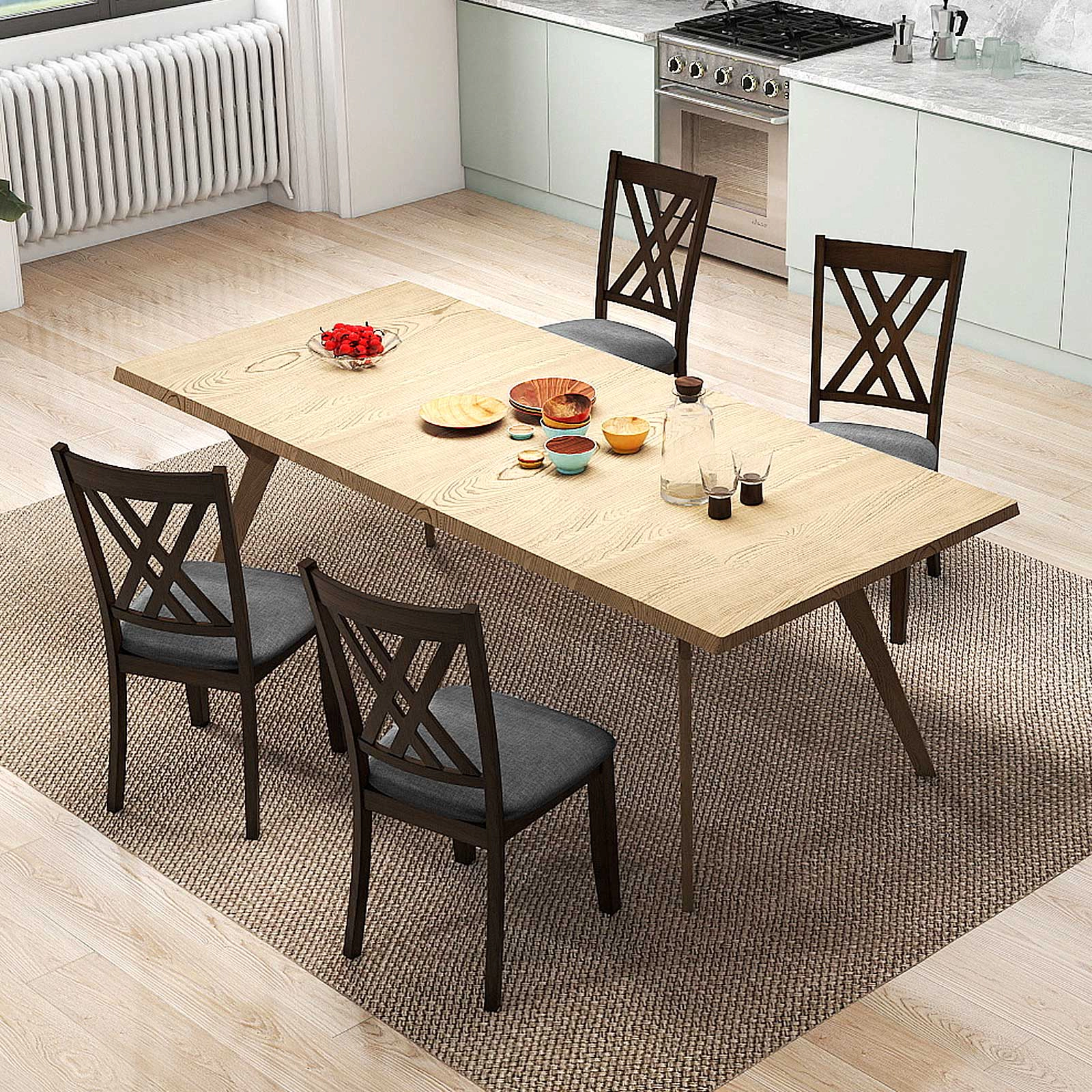 LJG Linen Fabric Upholstered Wooden Dining Chair Set of with Rubber Wood Frame for Dining Room