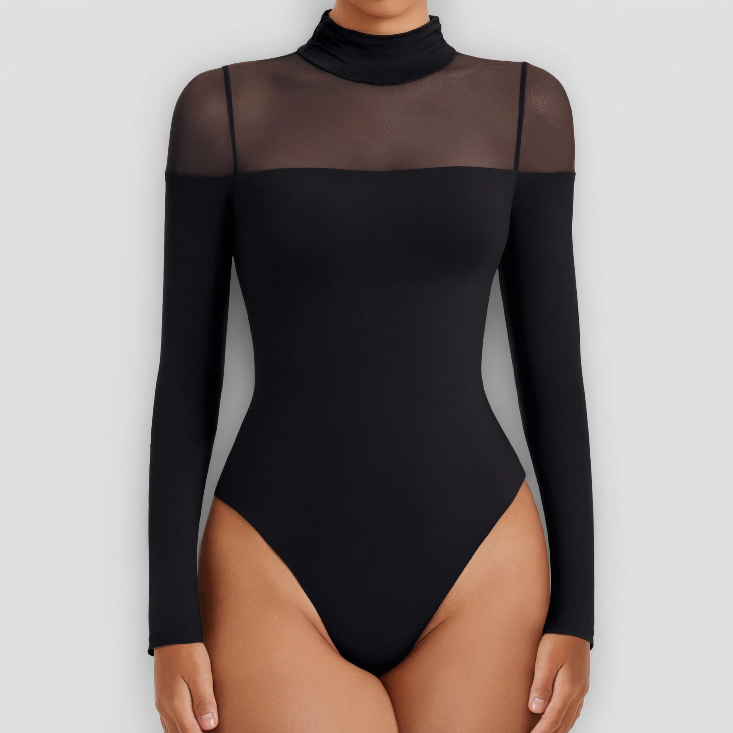 Avidlove Women's Mock Neck Mesh Long Sleeve Dual Snap Thong Bodysuit