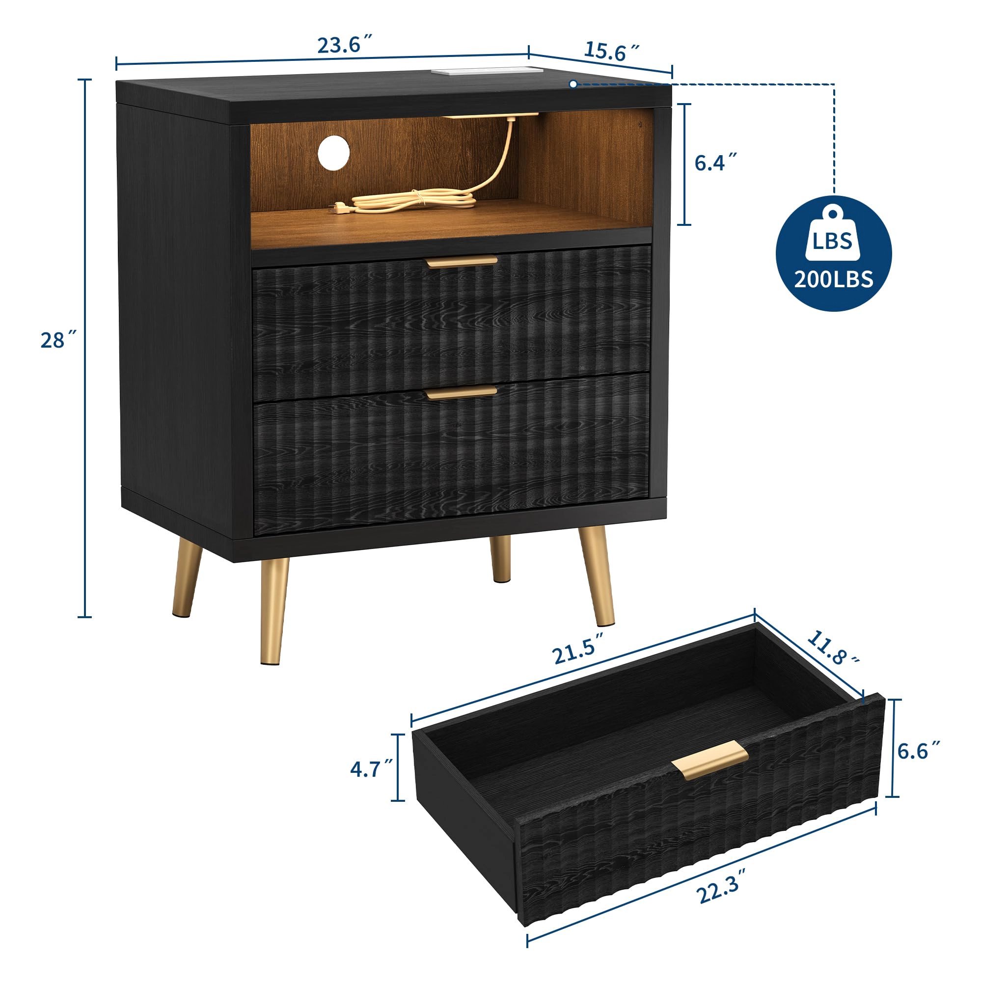 Nightstand with Charging Station and RGB LED Lights, 2-Drawer Fluted Bedside Table Open Shelf
