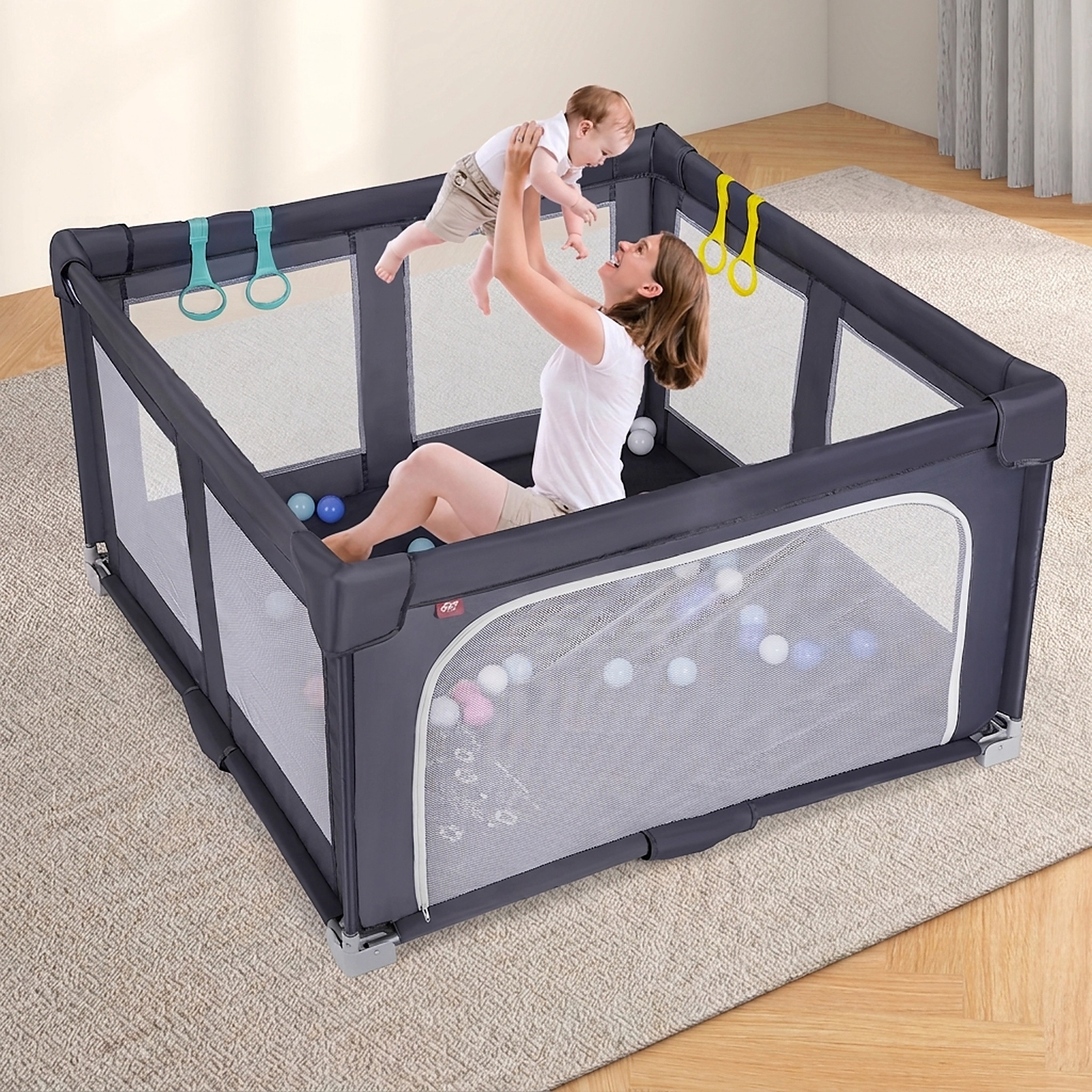 SUGIFT Large Foldable Baby Playpen Safety Fence with Zipper Door Ages 0-3 Years Dark Gray