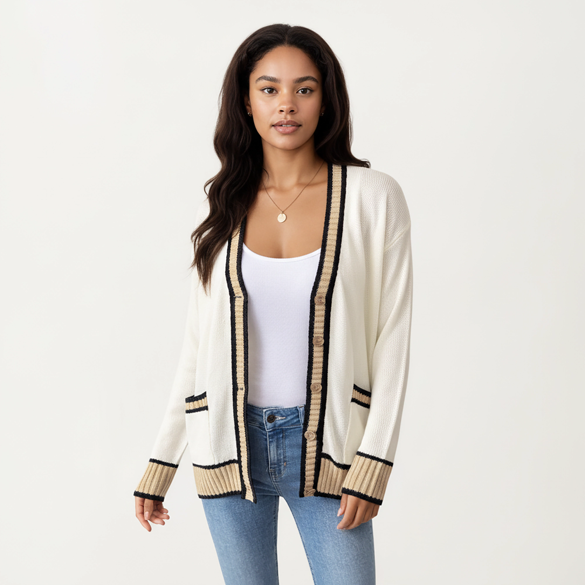 Anna-Kaci Women's Long Sleeve Button Front Cardigan Top with Contrast Ribbed Trim and Relaxed Fit Open Front Silhouette