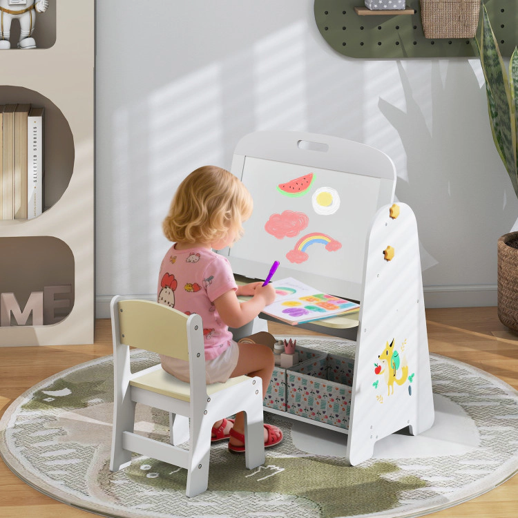 Hivvago 4-In-1 Kids Table And Chair Set Art Easel With Magnetic Whiteboard And Bookshelf