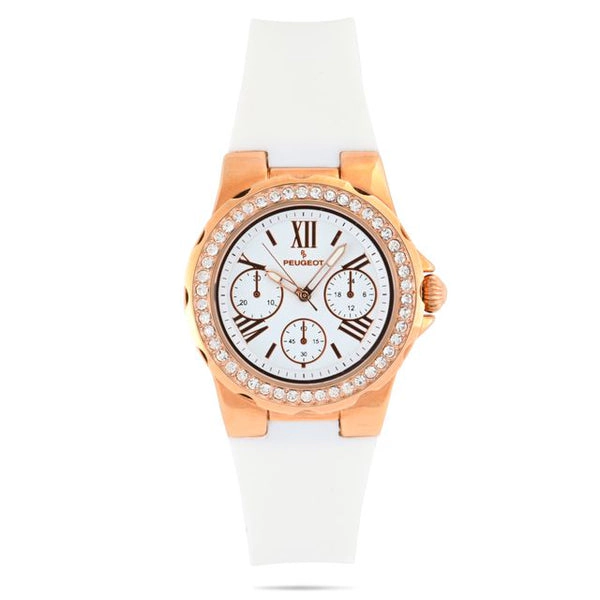 Peugeot Women's Rose Gold Wrist Watch with Crystal Bezel and Silicone Rubber Band