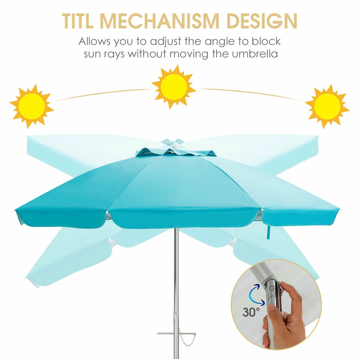 SUGIFT 6.5-ft Tilt Beach Umbrella with Sun Shade Sand Anchor & Carry Bag 3.5-lb Fiberglass Aluminum Polyester Frame Blue