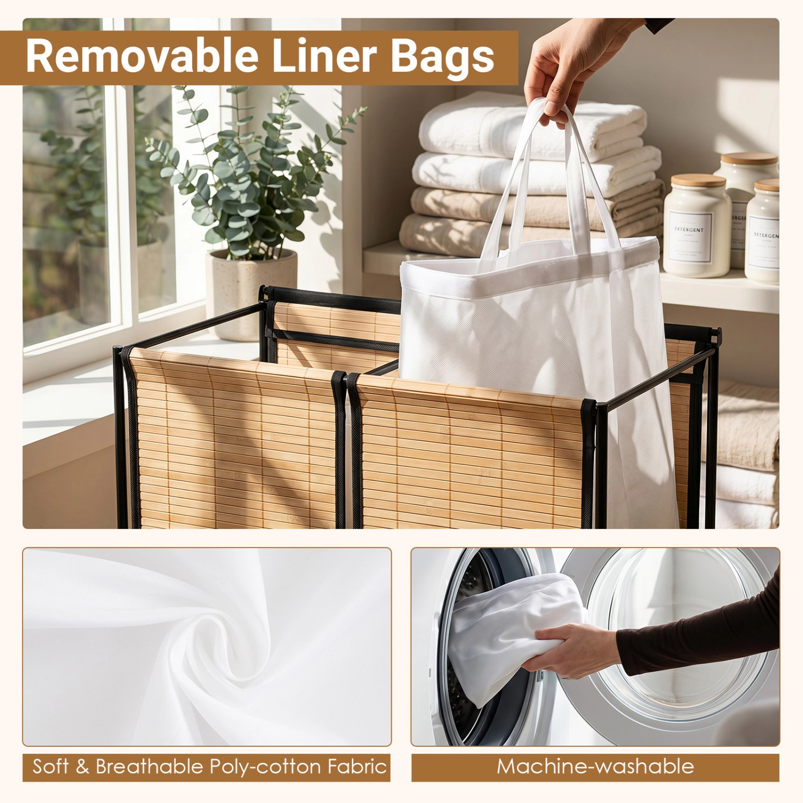 SUGIFT 18.5 Gallon Laundry Hamper Natural 2-Section with Lid and Lockable Wheels