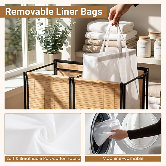 SUGIFT 18.5-Gallon 2-Section Laundry Sorter Hamper with Lid and Lockable Wheels 22-in W 13-in D 26-in H Natural