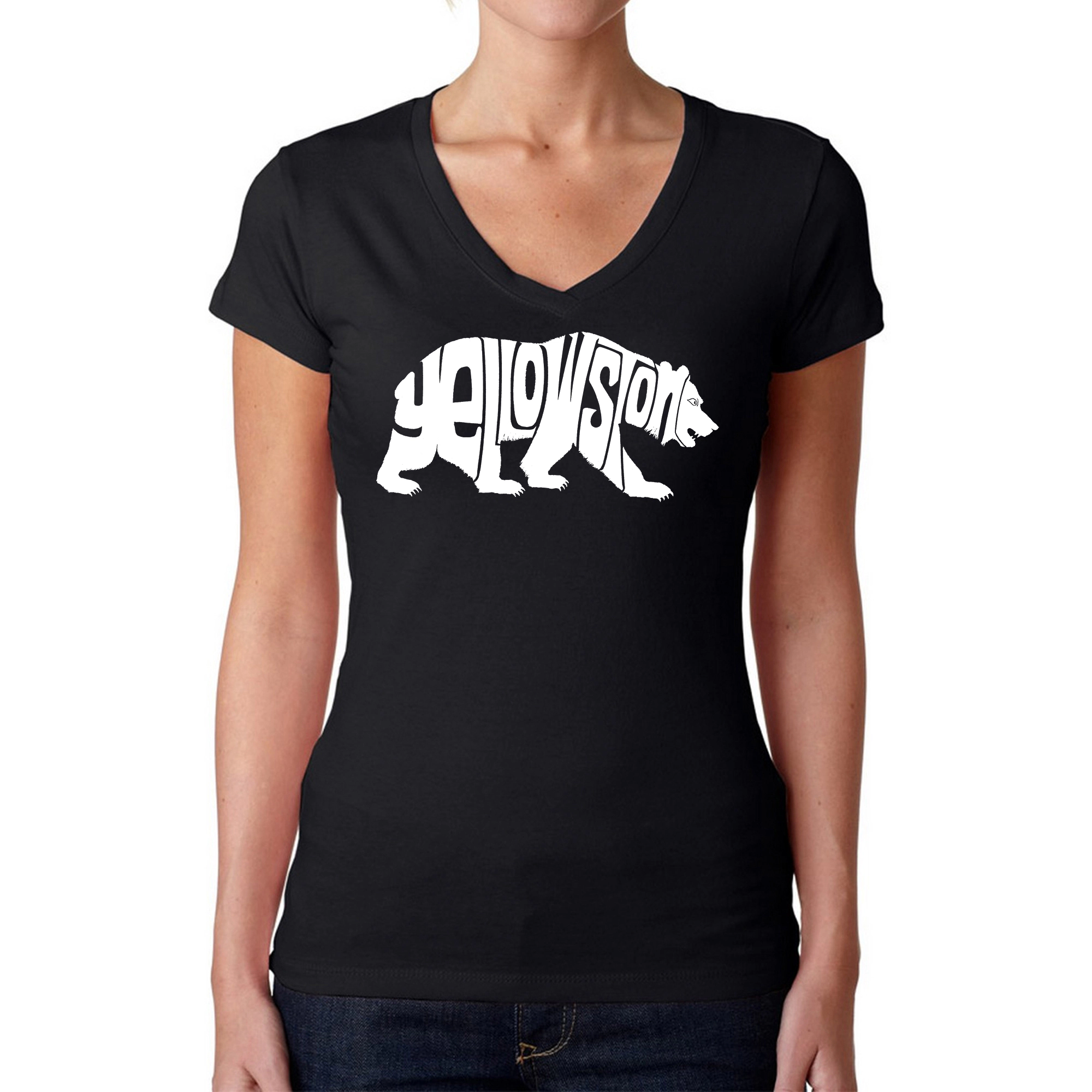 LA Pop Art Womens Word V-Neck T-Shirt - Yellowstone Bear