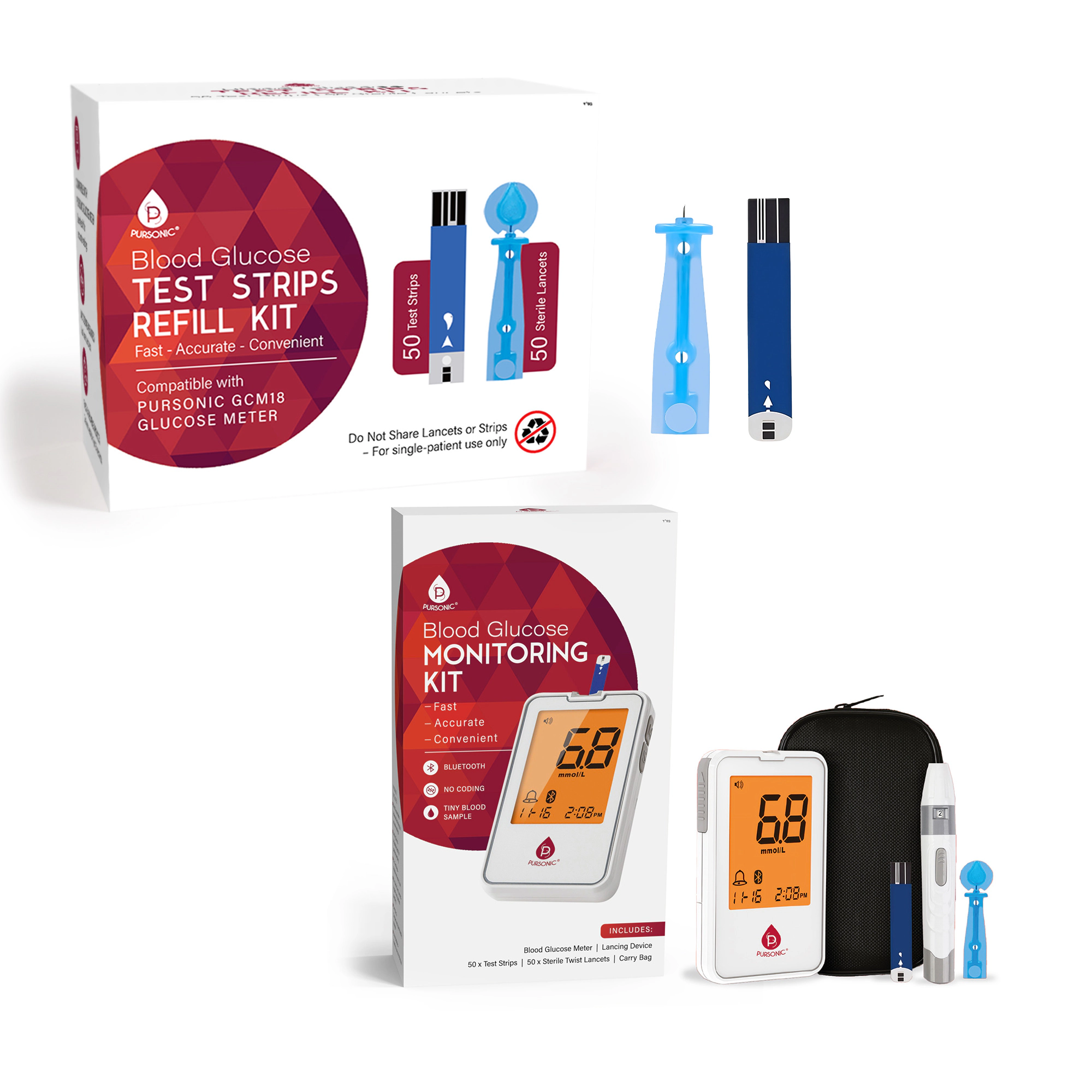 Pursonic Unisex Diabetes Care Monitoring Bundle: Blood Glucose Meter with Bluetooth, 50 Test Strips & 50 Sterile Lancets
