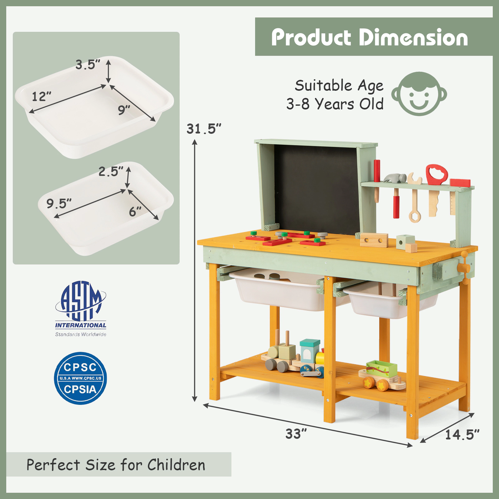 Hivvago Kids Wooden Toy Workbench with Storage Space and Blackboard