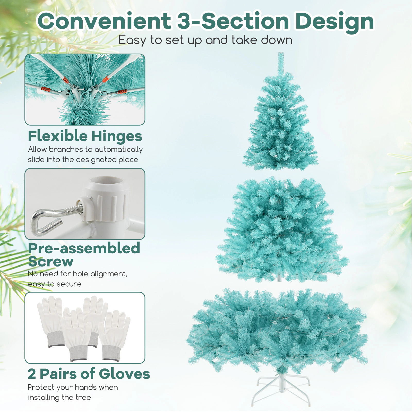 SUGIFT 7-ft Blue Pre-Lit Artificial Christmas Tree with 1040 Branch Tips and 380 Warm White LED Lights