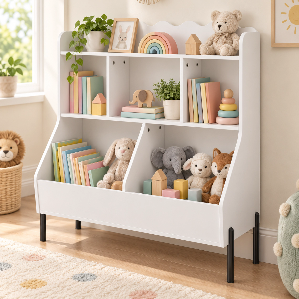 SUGIFT Kids 5 Storage Cubes 3 Open Compartments 2 Boxes Metal Legs Wooden Bookshelf 31.5-in x 16-in x 36.5-in White