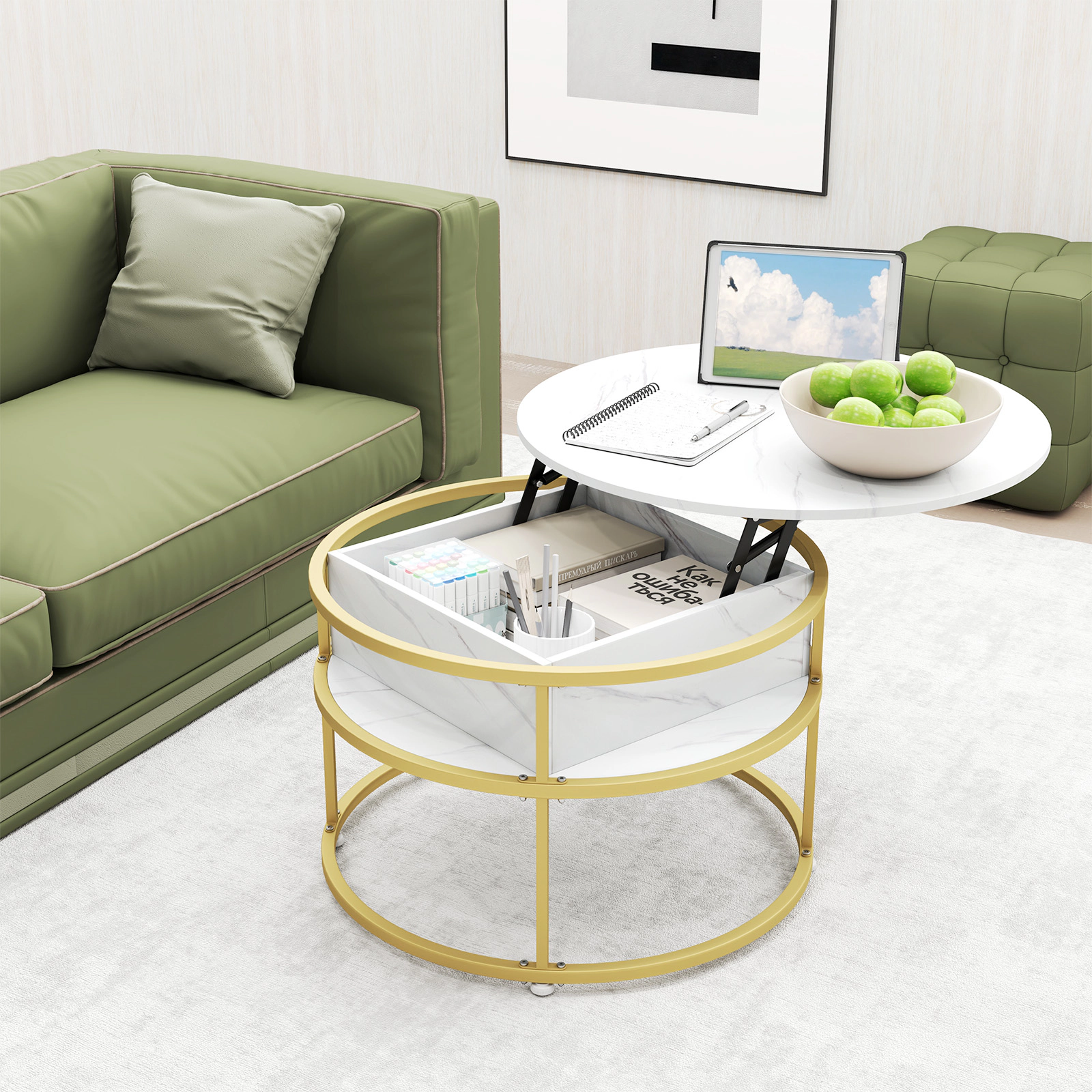 Glintex 31.5-Inch Round Lift-Top Coffee Table with 4 Side Shelves