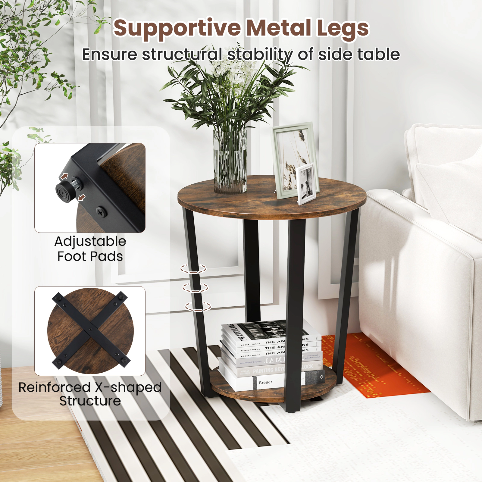 SUGIFT 2-Tier Round End Table with Storage Shelf and Metal Frame 44-lb Capacity Brown/Walnut